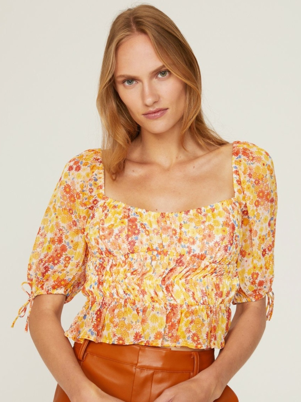 STAUD Faye Yellow Floral Smocked Square-Neck Blouse 💗💗